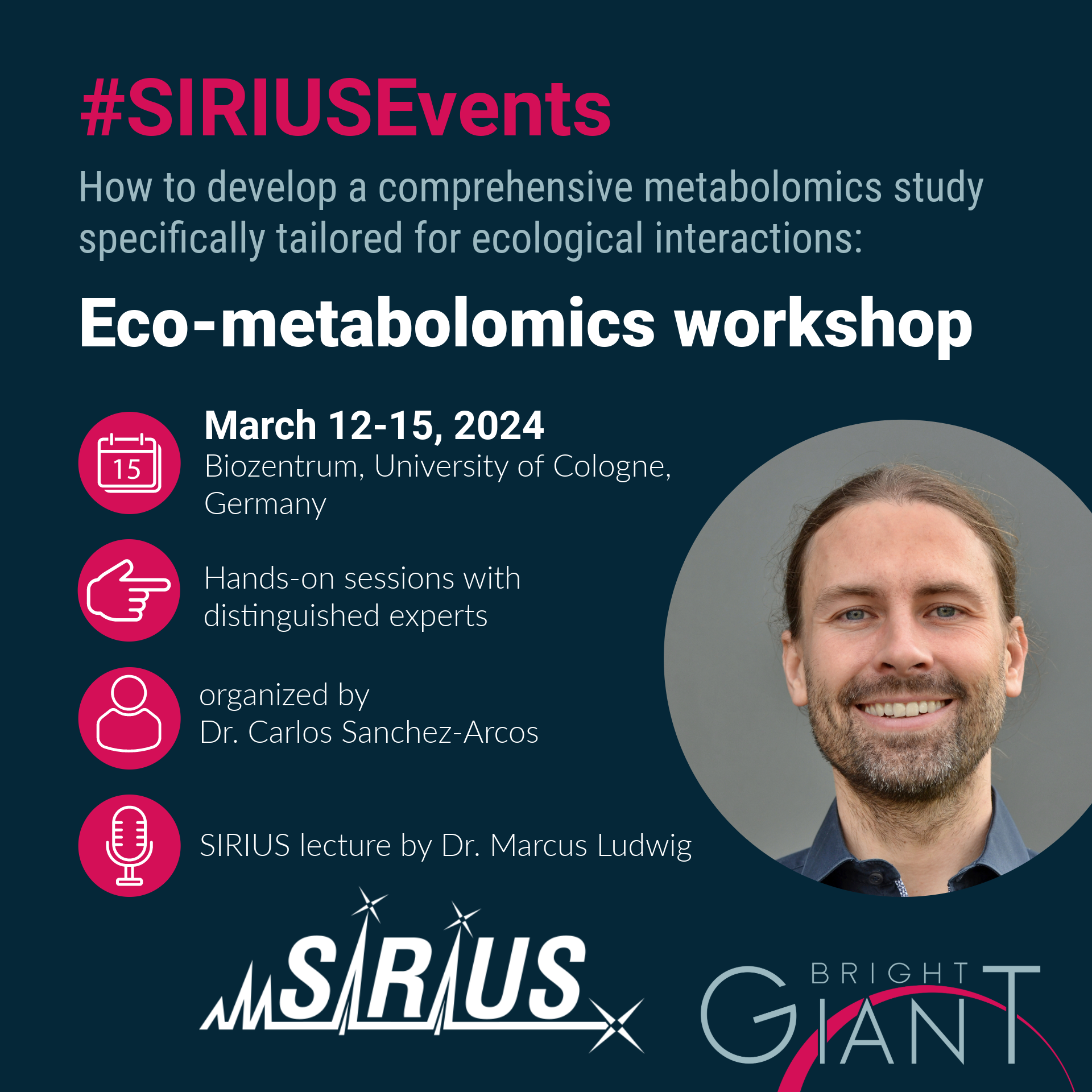 Eco-Metabolomics Workshop International experts will guide you through the intricacies of developing comprehensive metabolomics studies tailored for ecological interactions from experimental design to compound annotation. The SIRIUS lecture will be held by Marcus Ludwig.