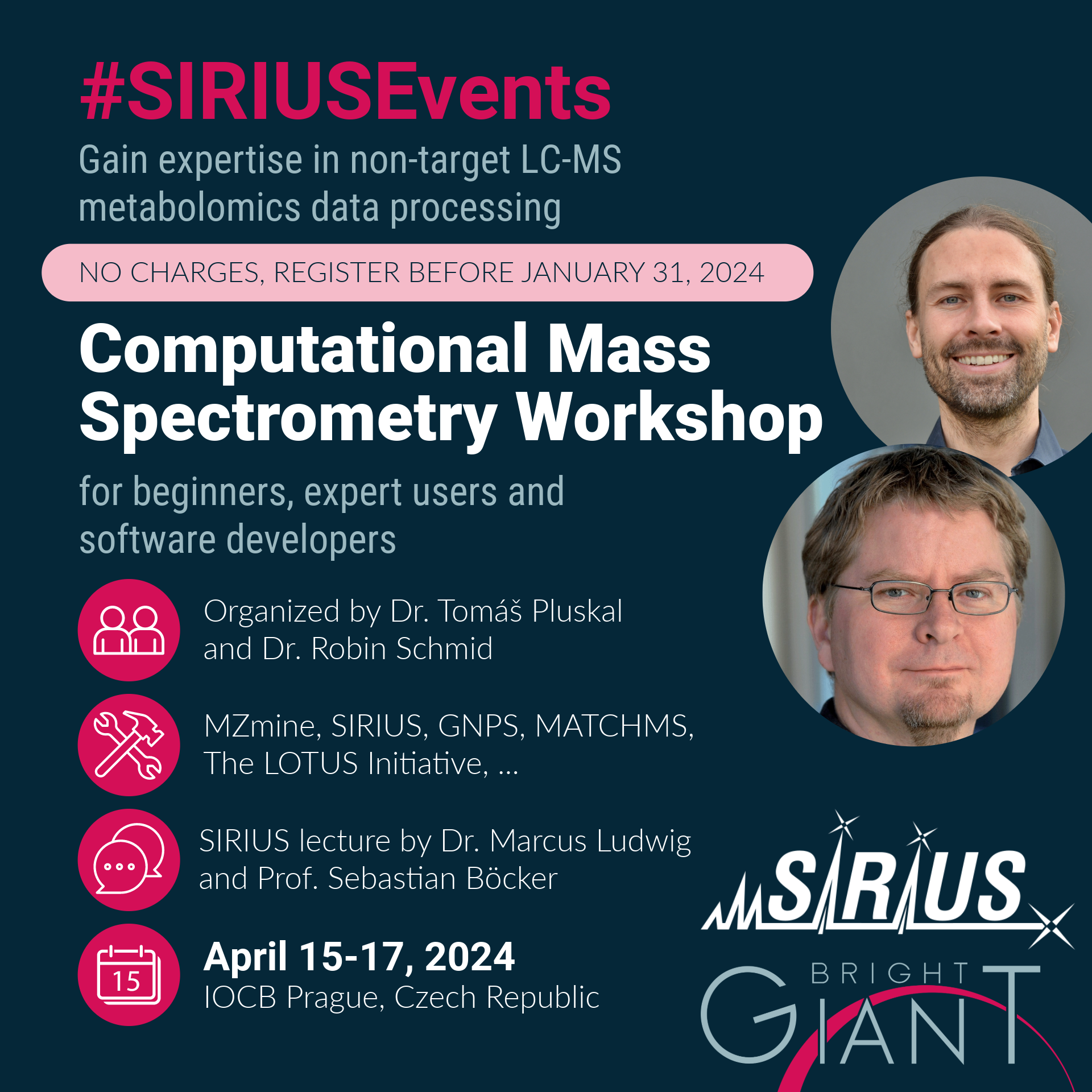 Gain expertise in non-targeted LC-MS metabolomics data processing. Computational Mass Spectrometry Workshop for beginners, expert users and software developers. Hands-on non-target MS data processing experience using MZmine, SIRIUS, GNPS, MATCHMS, The LOTUS Initiative, and many more. The SIRIUS lecture will be held by Marcus Ludwig and Sebastian Böcker.