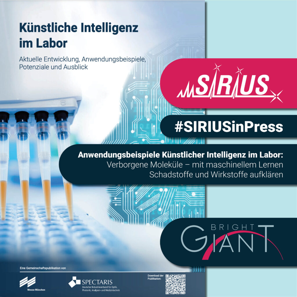 Unsere Software SIRIUS ist eines der Anwendungsbeispiele Künstlicher Intelligenz im Labor, die auf der analytica 2024 in der SPECTARIS Studie über die aktuellen Entwicklungen, Potenziale und Ausblicke von KI im Labor vorgestellt wurden. SIRIUS ist eine Softwarelösung zur automatischen Strukturaufklärung unbekannter Moleküle und leistet einen wertvollen Beitrag zur Entdeckung neuer Wirkstoffe und zur Identifizierung von Schadstoffen und Verunreinigungen.