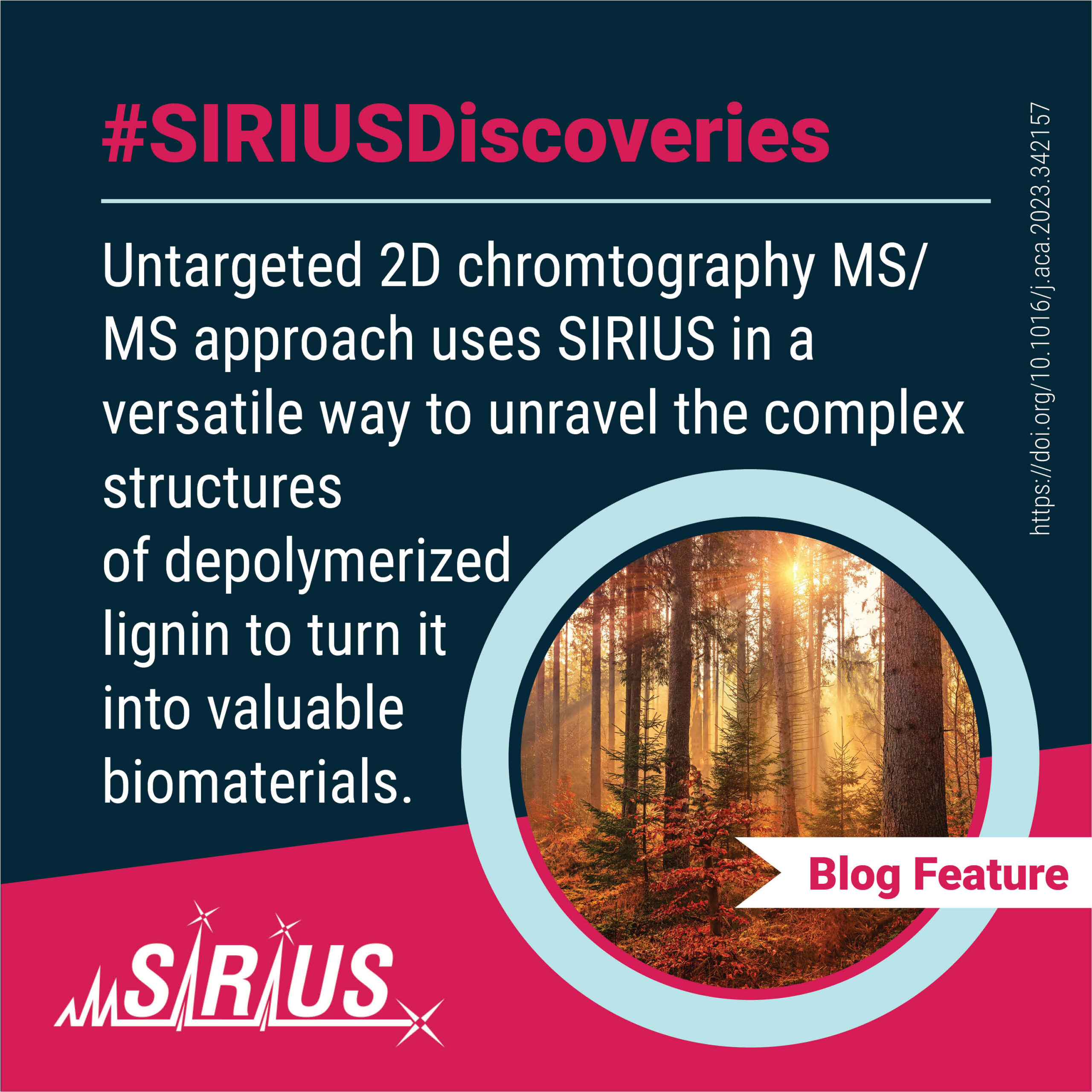 Despite being one of Earth's most abundant polymeric organic compounds, lignin is often considered a lower-value byproduct in industrial processes. Converting lignin into valuable chemicals or biomaterials requires a thorough structural characterisation of depolymerised products. This non-targeted analysis method involving 2D liquid chromatography and high-resolution tandem mass spectrometry uses SIRIUS in versatile ways to unravel the complex structures of depolymerized lignin.