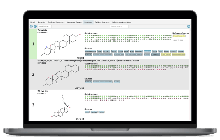 SIRIUS Screenshot: top three hits of the structure annotation results, with substructure boxes, links to structure databases and reference libraries.
